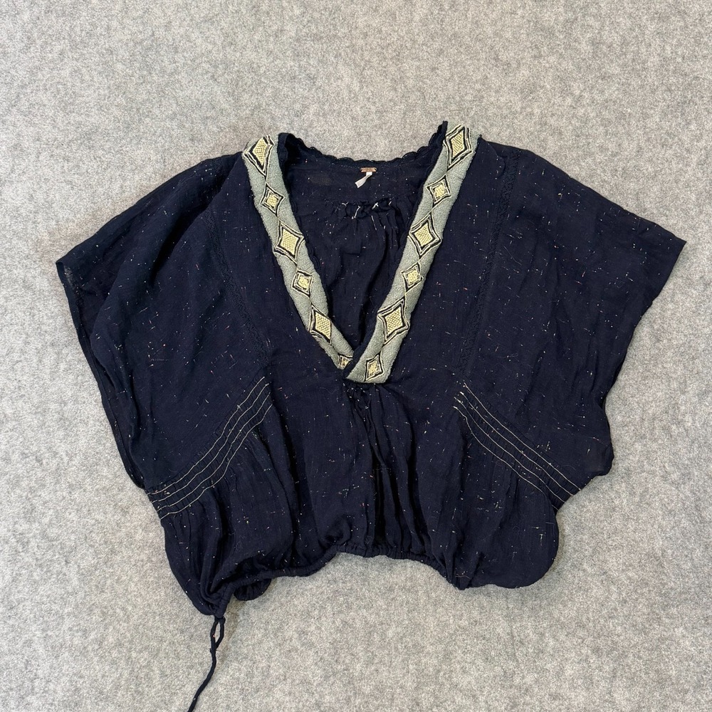 Free People Navy Blue Like A Breeze Embroidered Top Women's Size Medium